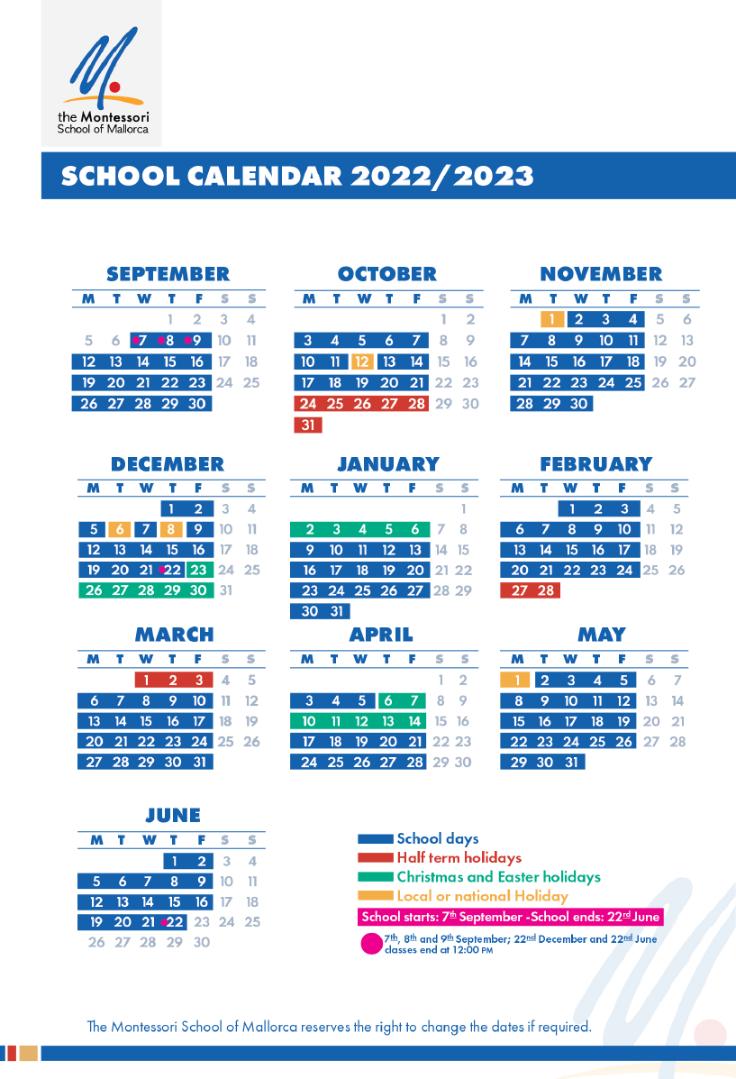 Calendar for the academic year of the Montessori School of Mallorca
